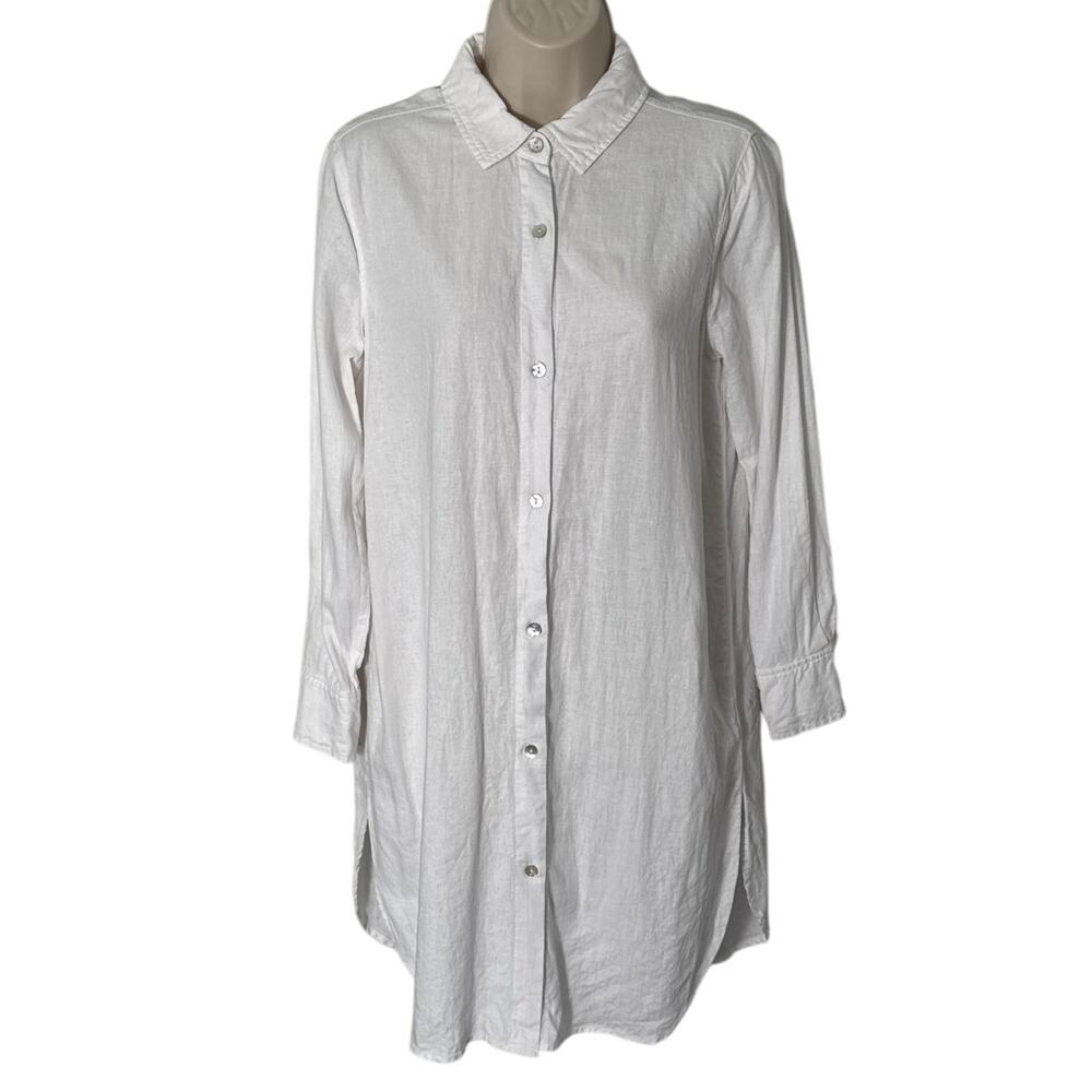 Cabana by Casacabana Linen Blend Long Sleeve Button Front‎ Shirt Dress White S